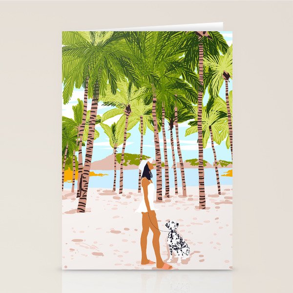 The Happy Spots, Dalmatian Dog Pets, Bohemian Woman Beach Tropical Palm Fashion Illustration Stationery Card