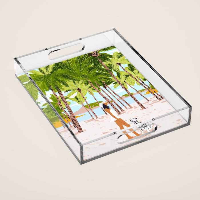 The Happy Spots, Dalmatian Dog Pets, Bohemian Woman Beach Tropical Palm Fashion Illustration Acrylic Tray