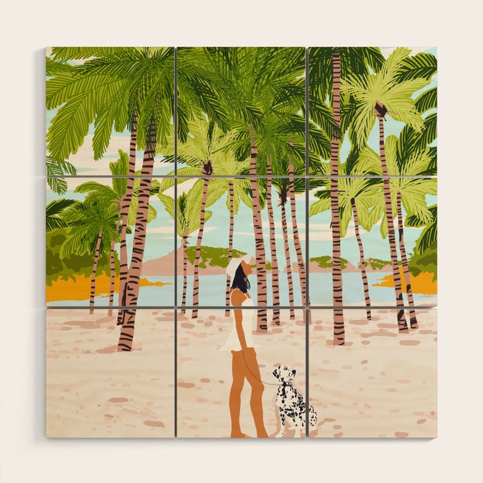 The Happy Spots, Dalmatian Dog Pets, Bohemian Woman Beach Tropical Palm Fashion Illustration Wood Wall Art