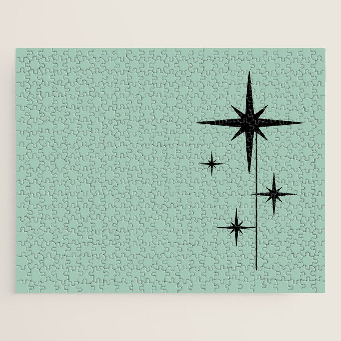 1950s Atomic Age Retro Starbursts In Aqua Mint And Black Jigsaw Puzzle