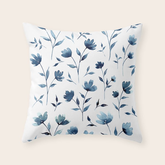 Blue Flowers | Watercolor Pattern Throw Pillow