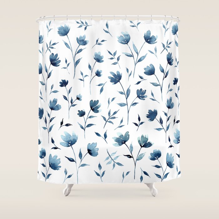 Blue Flowers | Watercolor Pattern Shower Curtain