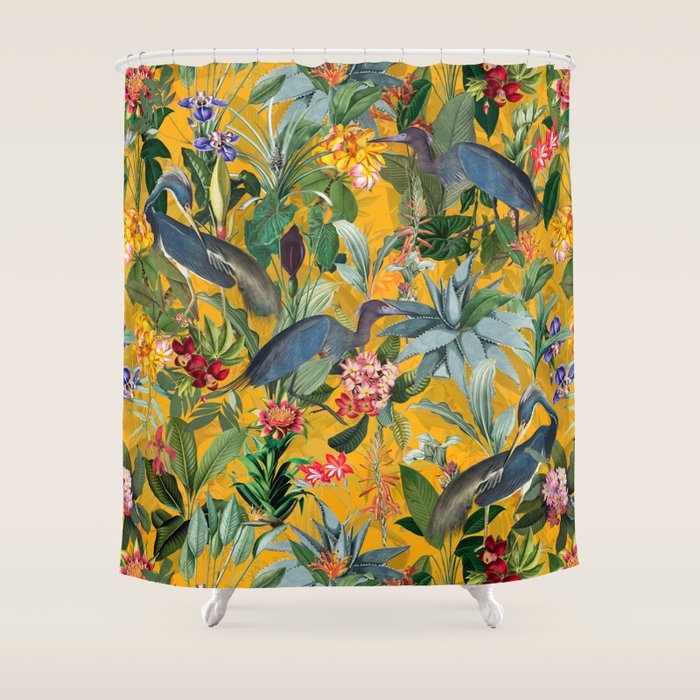 Vintage & Shabby Chic - Sunny Tropical Garden Blue Heron Shower Curtain