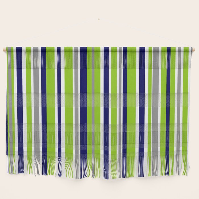 Lime Green Bright Navy Blue Gray And White Vertical Stripes Pattern Wall Hanging