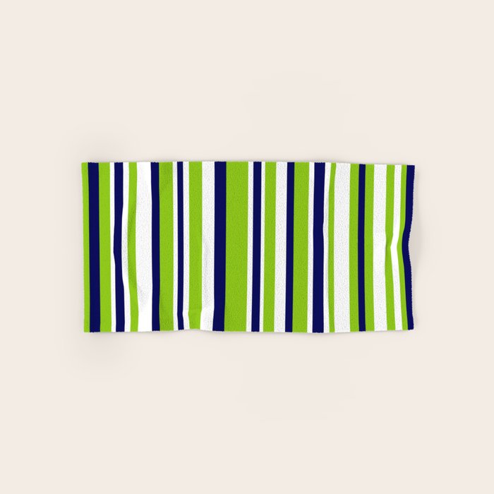 Lime Green Bright Navy Blue And White Vertical Stripes Pattern Bath Towel