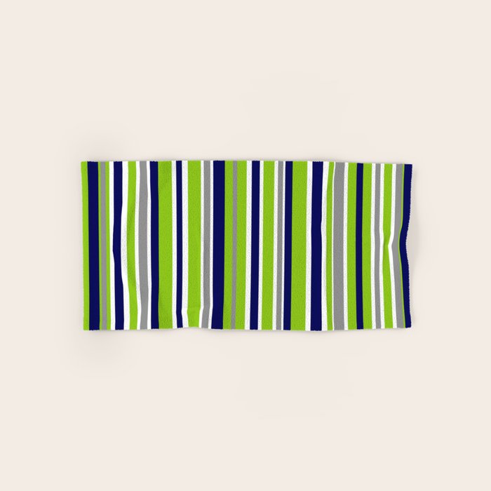 Lime Green Bright Navy Blue Gray And White Vertical Stripes Pattern Bath Towel