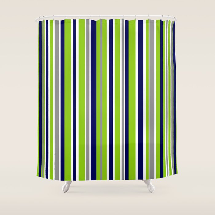 Lime Green Bright Navy Blue Gray And White Vertical Stripes Pattern Shower Curtain