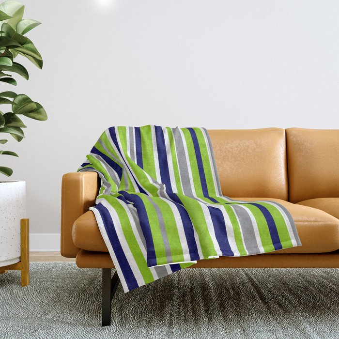 Lime Green Bright Navy Blue Gray And White Vertical Stripes Pattern Throw Blanket