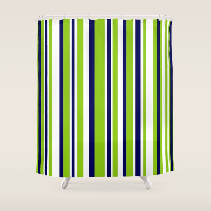 Lime Green Bright Navy Blue And White Vertical Stripes Pattern Shower Curtain