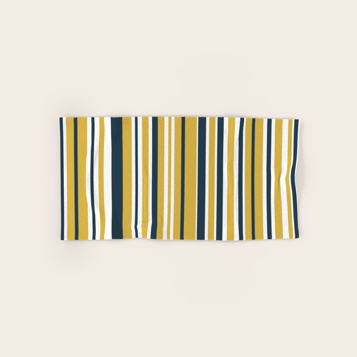 Vertical Stripes In Navy Blue, Mustard Yellow, And White Bath Towel
