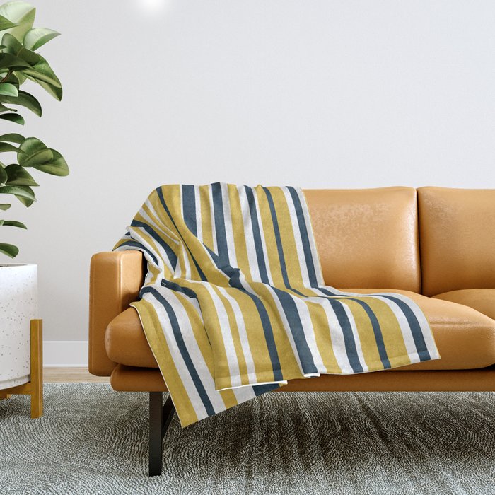 Vertical Stripes In Navy Blue, Mustard Yellow, And White Throw Blanket
