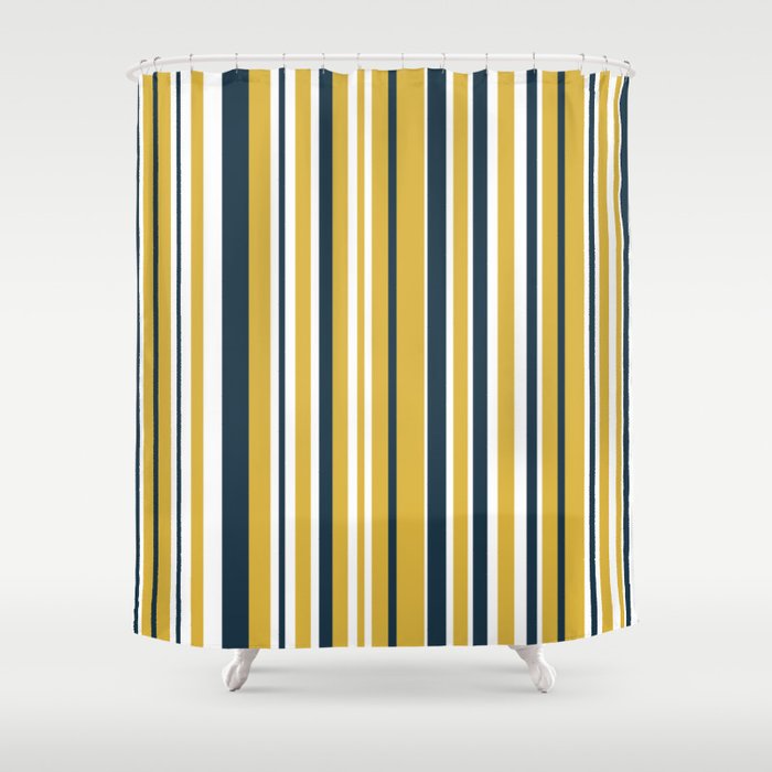 Vertical Stripes In Navy Blue, Mustard Yellow, And White Shower Curtain