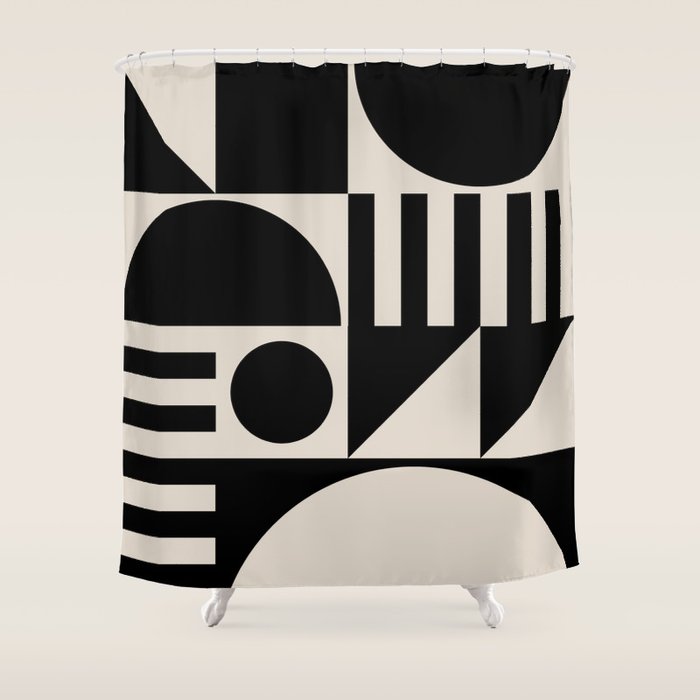 Mid Century Modern Geometric 936 Black And Linen White Shower Curtain