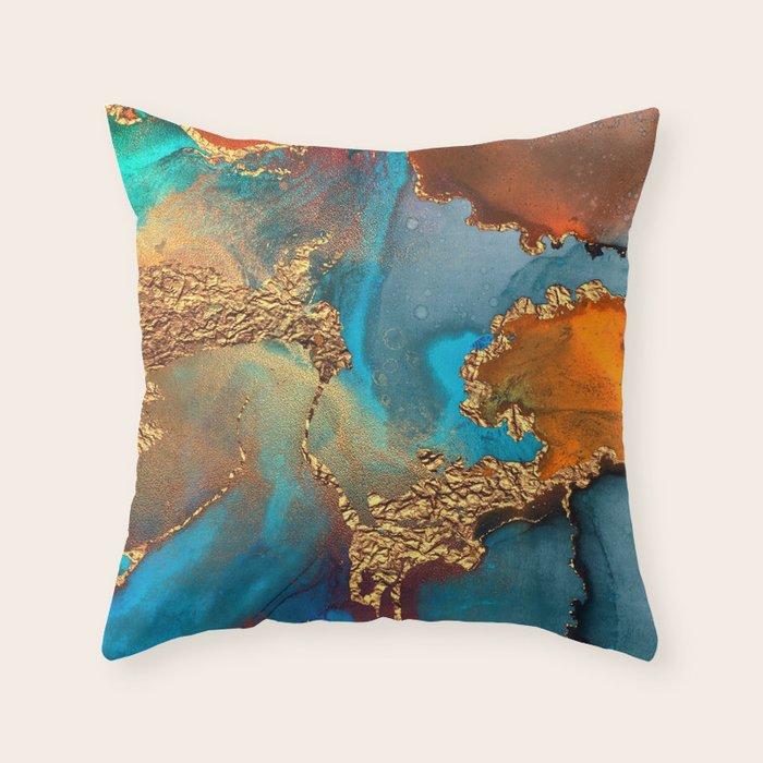 Abstract Blue And Gold Autumn Marble Throw Pillow