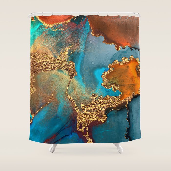 Abstract Blue And Gold Autumn Marble Shower Curtain