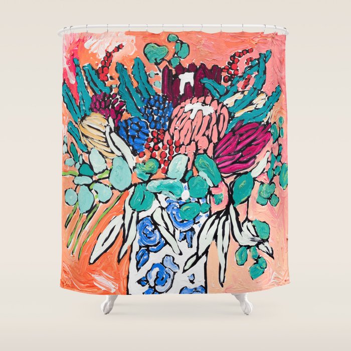 Orange Protea Bouquet Australian Wildflower Still Life Painting Shower Curtain