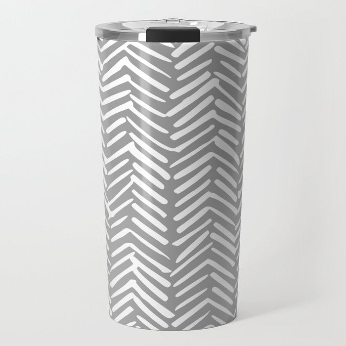 Abstract Herringbone Pattern, Rustic, Gray And White Travel Mug