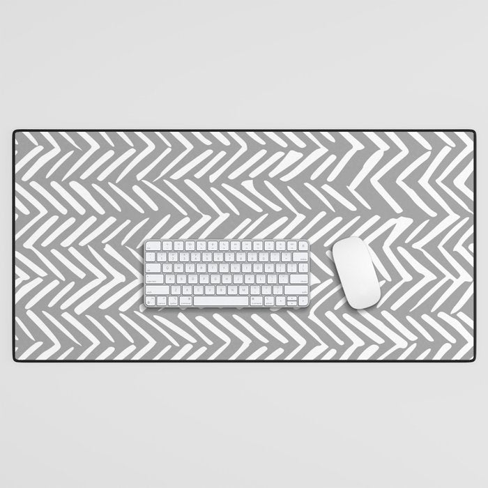 Abstract Herringbone Pattern, Rustic, Gray And White Desk Mat