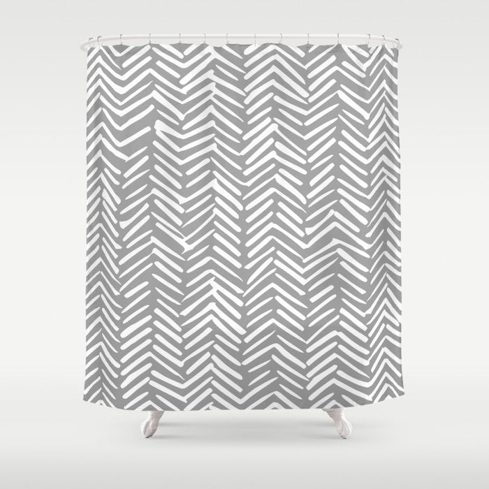 Abstract Herringbone Pattern, Rustic, Gray And White Shower Curtain