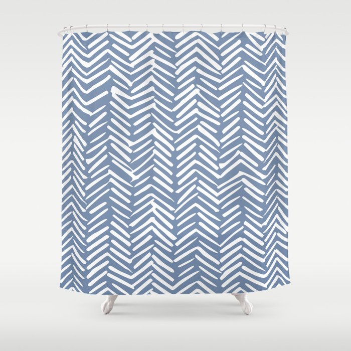 Abstract Herringbone Pattern, Rustic, Blue And White Shower Curtain