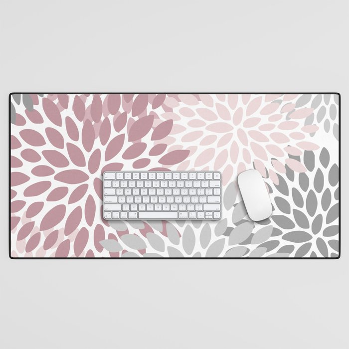 Floral Pattern, Pink, Gray And White Desk Mat