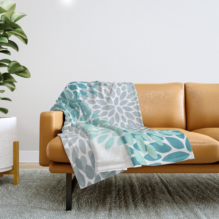 Floral Pattern, Aqua, Teal, Turquoise And Gray Throw Blanket