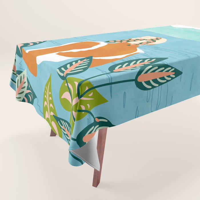 The Pursuit Of Happiness, Woman Ocean Travel Swim Illustration, Bohemian Fashion Tropical Tablecloth
