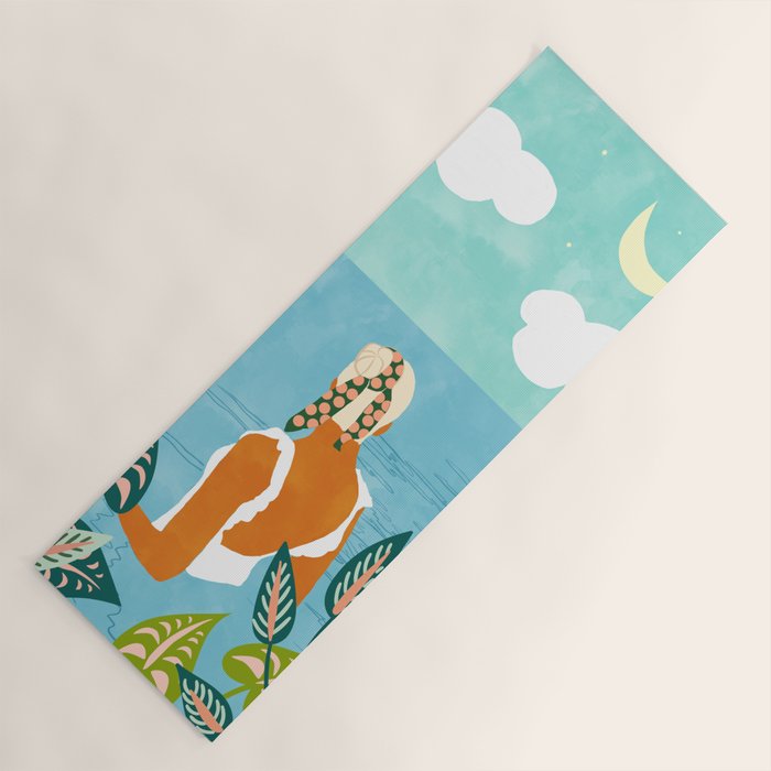 The Pursuit Of Happiness, Woman Ocean Travel Swim Illustration, Bohemian Fashion Tropical Yoga Mat