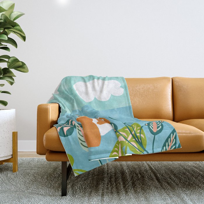 The Pursuit Of Happiness, Woman Ocean Travel Swim Illustration, Bohemian Fashion Tropical Throw Blanket