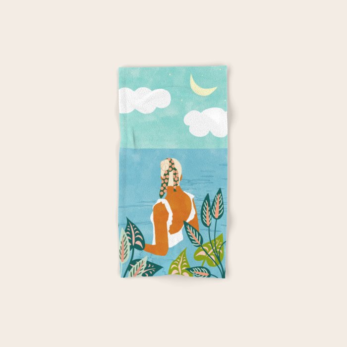 The Pursuit Of Happiness, Woman Ocean Travel Swim Illustration, Bohemian Fashion Tropical Bath Towel