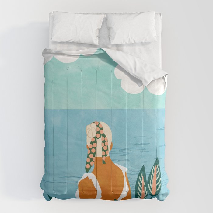 The Pursuit Of Happiness, Woman Ocean Travel Swim Illustration, Bohemian Fashion Tropical Comforter