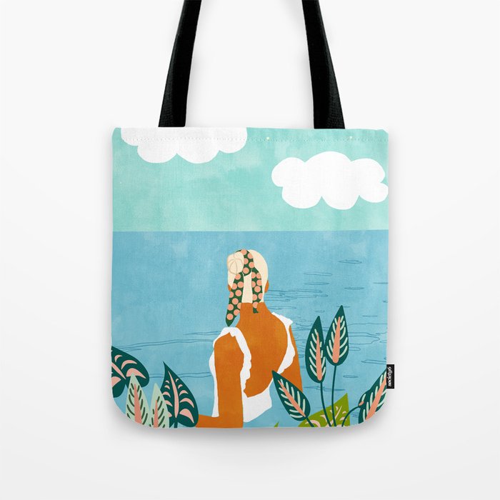 The Pursuit Of Happiness, Woman Ocean Travel Swim Illustration, Bohemian Fashion Tropical Tote Bag