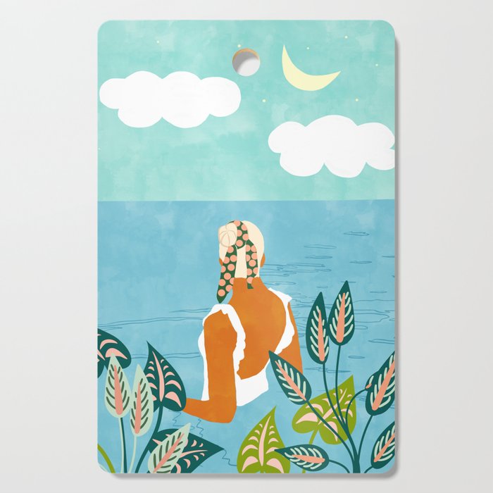 The Pursuit Of Happiness, Woman Ocean Travel Swim Illustration, Bohemian Fashion Tropical Cutting Board