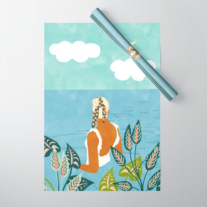 The Pursuit Of Happiness, Woman Ocean Travel Swim Illustration, Bohemian Fashion Tropical Wrapping Paper