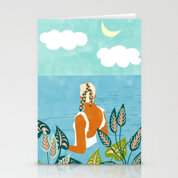 The Pursuit Of Happiness, Woman Ocean Travel Swim Illustration, Bohemian Fashion Tropical Stationery Card