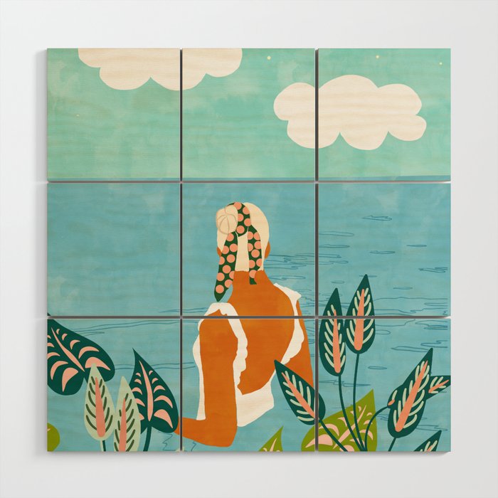 The Pursuit Of Happiness, Woman Ocean Travel Swim Illustration, Bohemian Fashion Tropical Wood Wall Art
