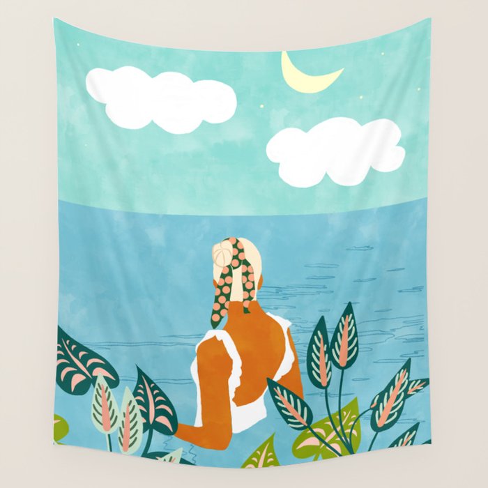 The Pursuit Of Happiness, Woman Ocean Travel Swim Illustration, Bohemian Fashion Tropical Wall Tapestry