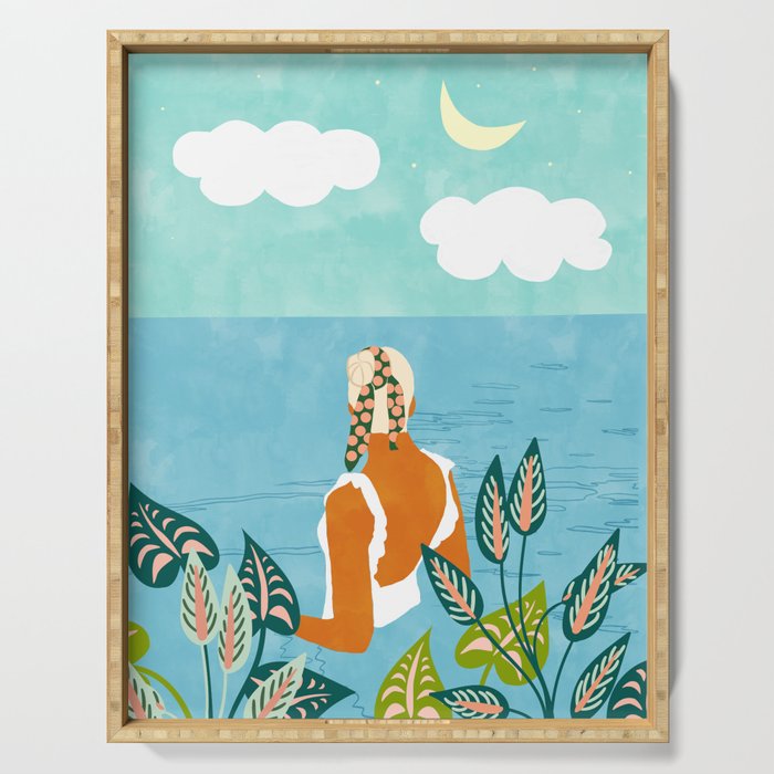 The Pursuit Of Happiness, Woman Ocean Travel Swim Illustration, Bohemian Fashion Tropical Serving Tray
