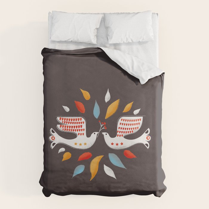 Retro Christmas Birds Illustration Duvet Cover