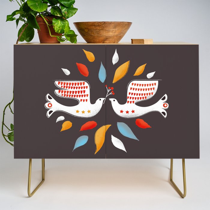 Retro Christmas Birds Illustration Credenza