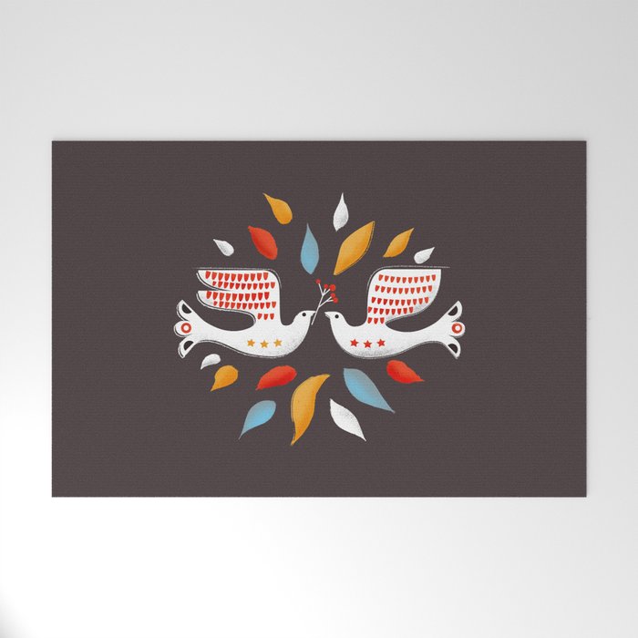 Retro Christmas Birds Illustration Welcome Mat