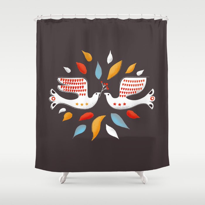 Retro Christmas Birds Illustration Shower Curtain