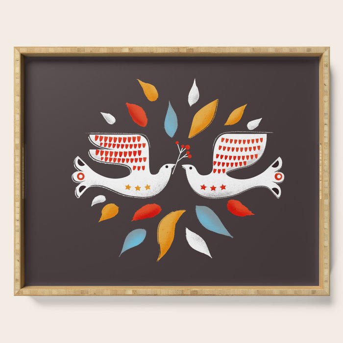 Retro Christmas Birds Illustration Serving Tray