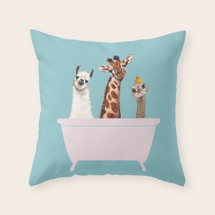 Playful Gangs In Bathtub Blue Throw Pillow