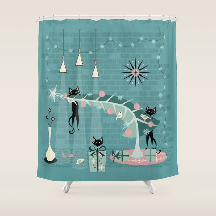 Retro Naughty Kitty Christmas Shower Curtain