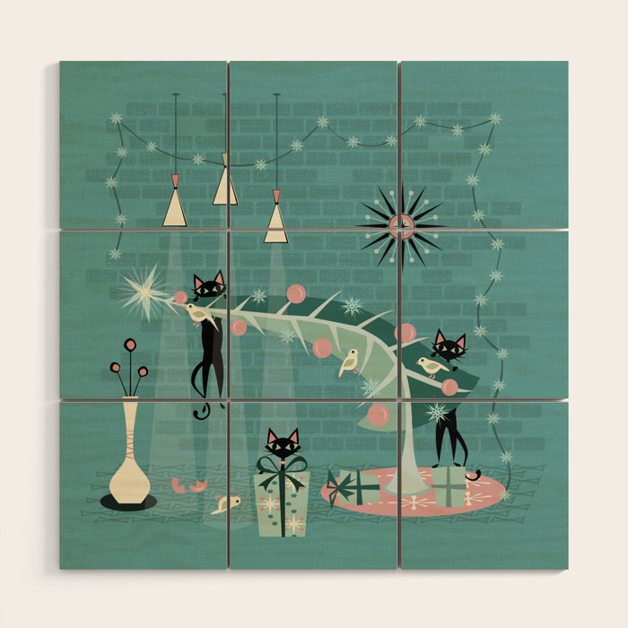 Retro Naughty Kitty Christmas Wood Wall Art