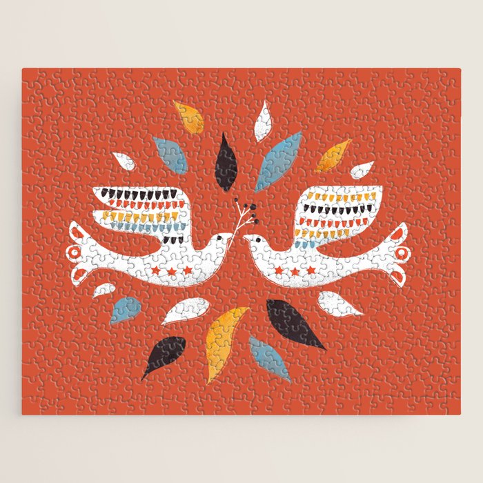 Festive Doves - Folk Illustration Jigsaw Puzzle