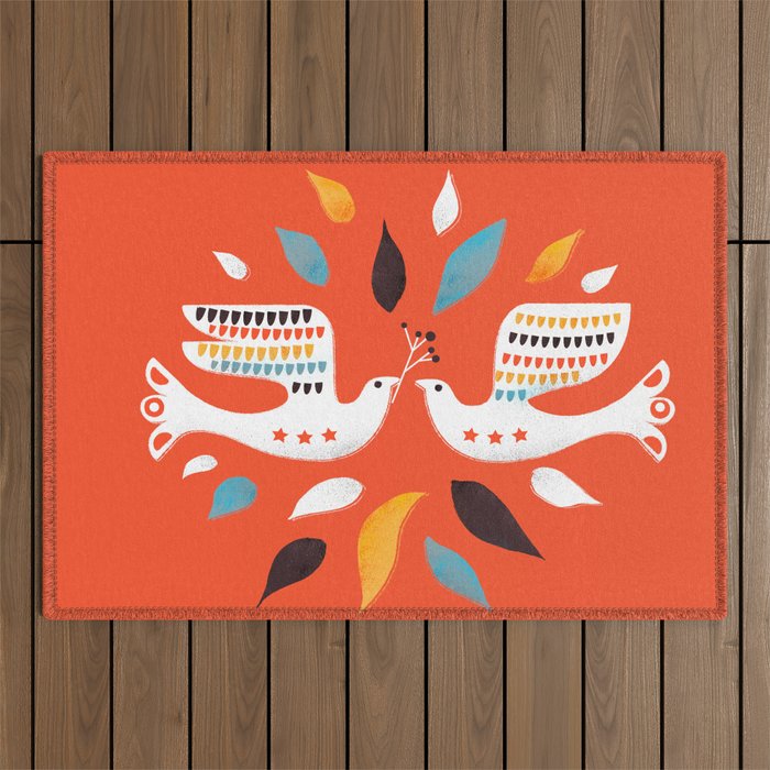 Festive Doves - Folk Illustration Outdoor Rug
