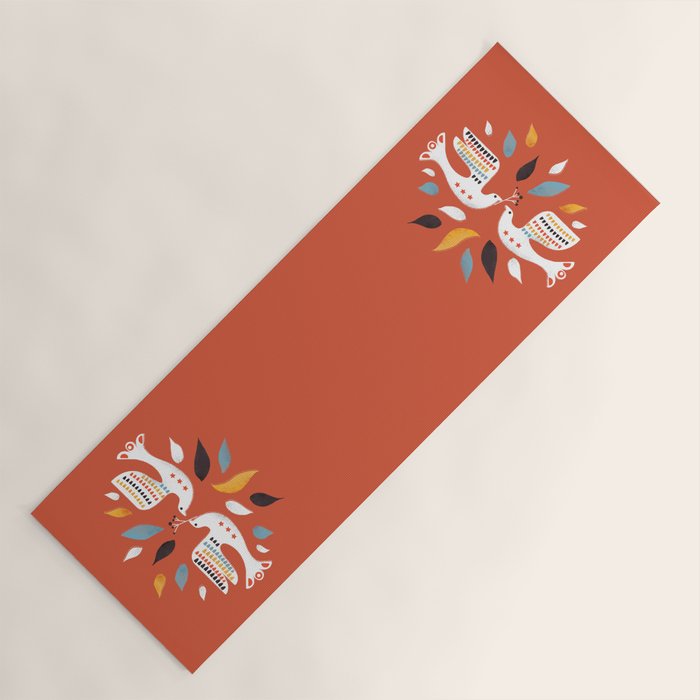 Festive Doves - Folk Illustration Yoga Mat