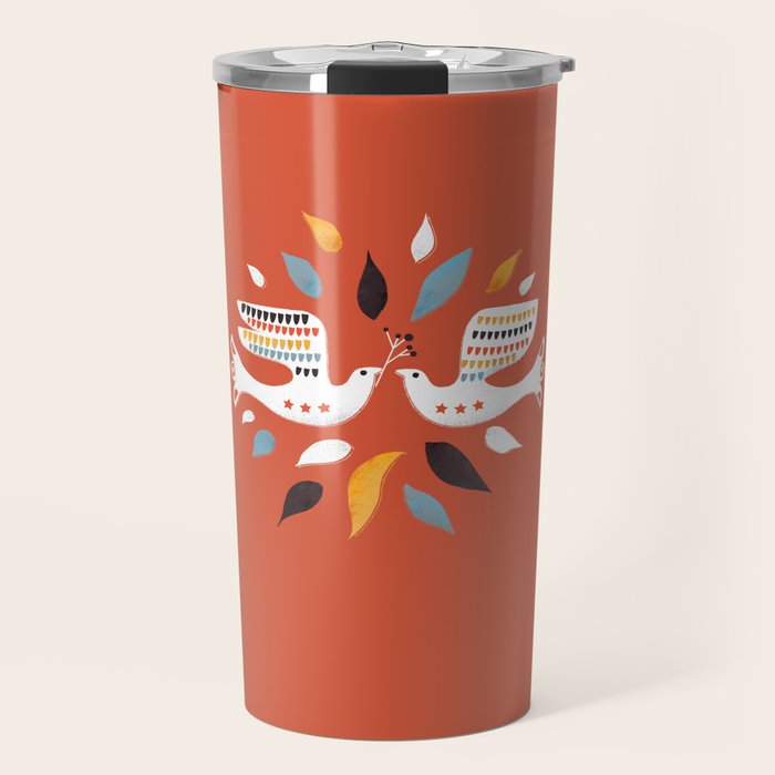 Festive Doves - Folk Illustration Travel Mug